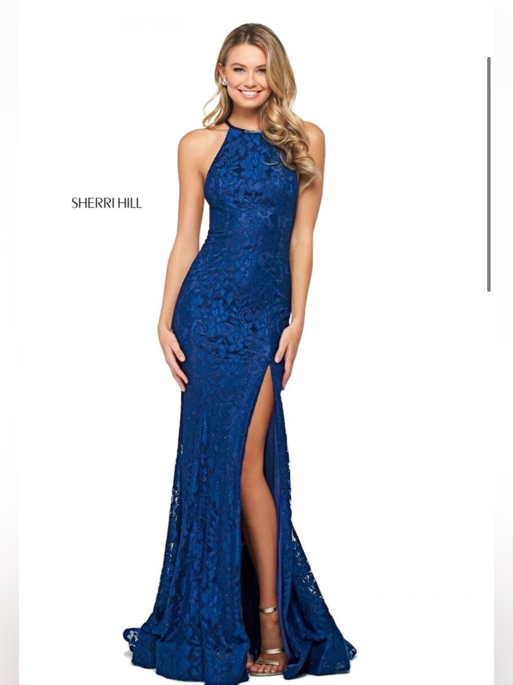 Sherri Hill 53361 Blue Lace Halter Formal Dress Gown with Thigh Slit Size 00 NWT
